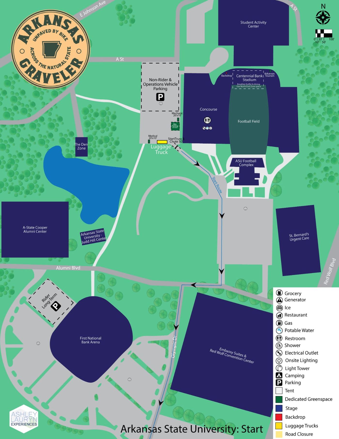 Map of the Arkansas State University start showing rider long-term parking off Alumni Blvd, non-rider and operations vehicle parking by Centennial Bank Stadium, the luggage truck, and the start route