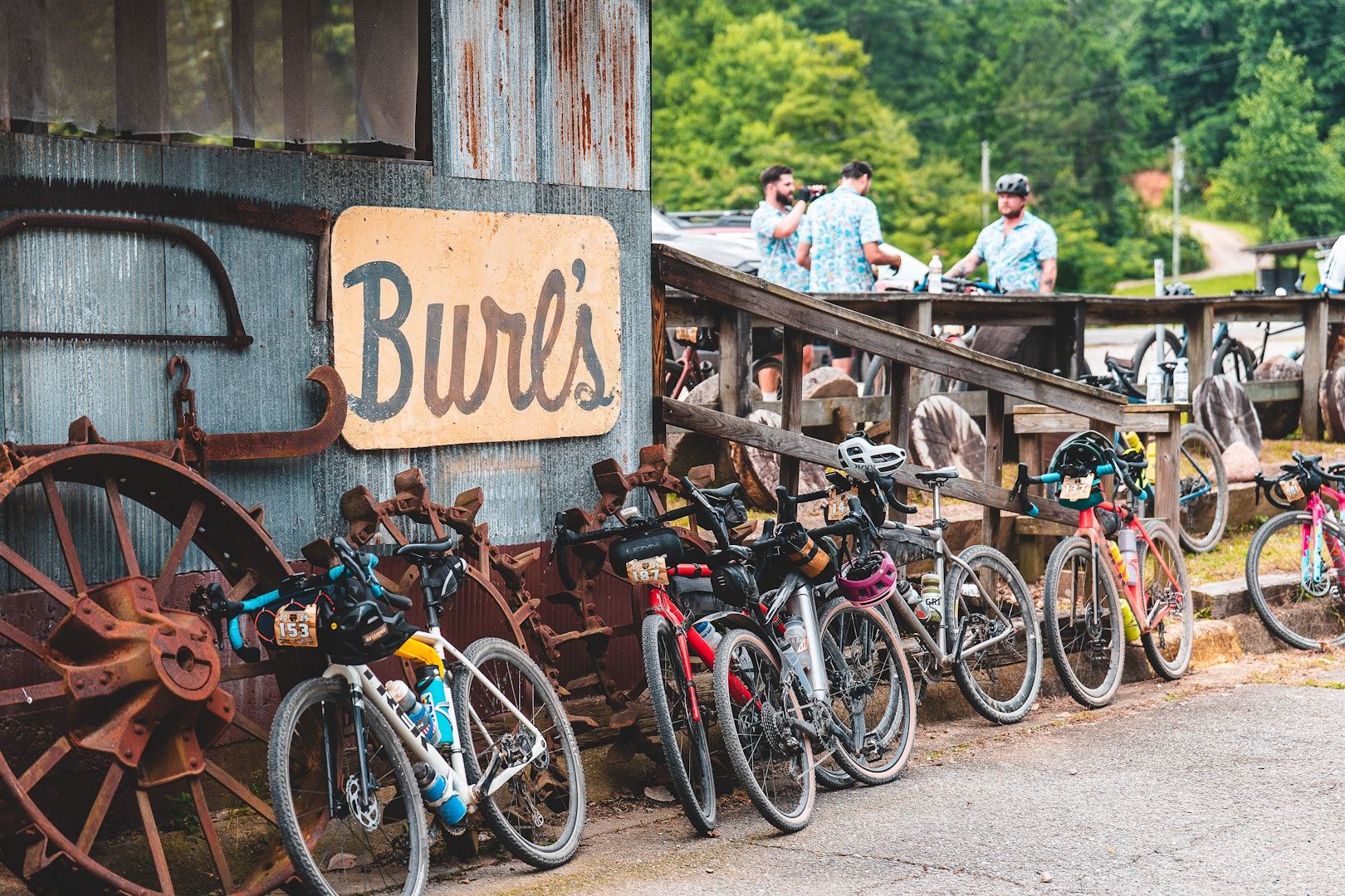 Bikes lined up outside a country store